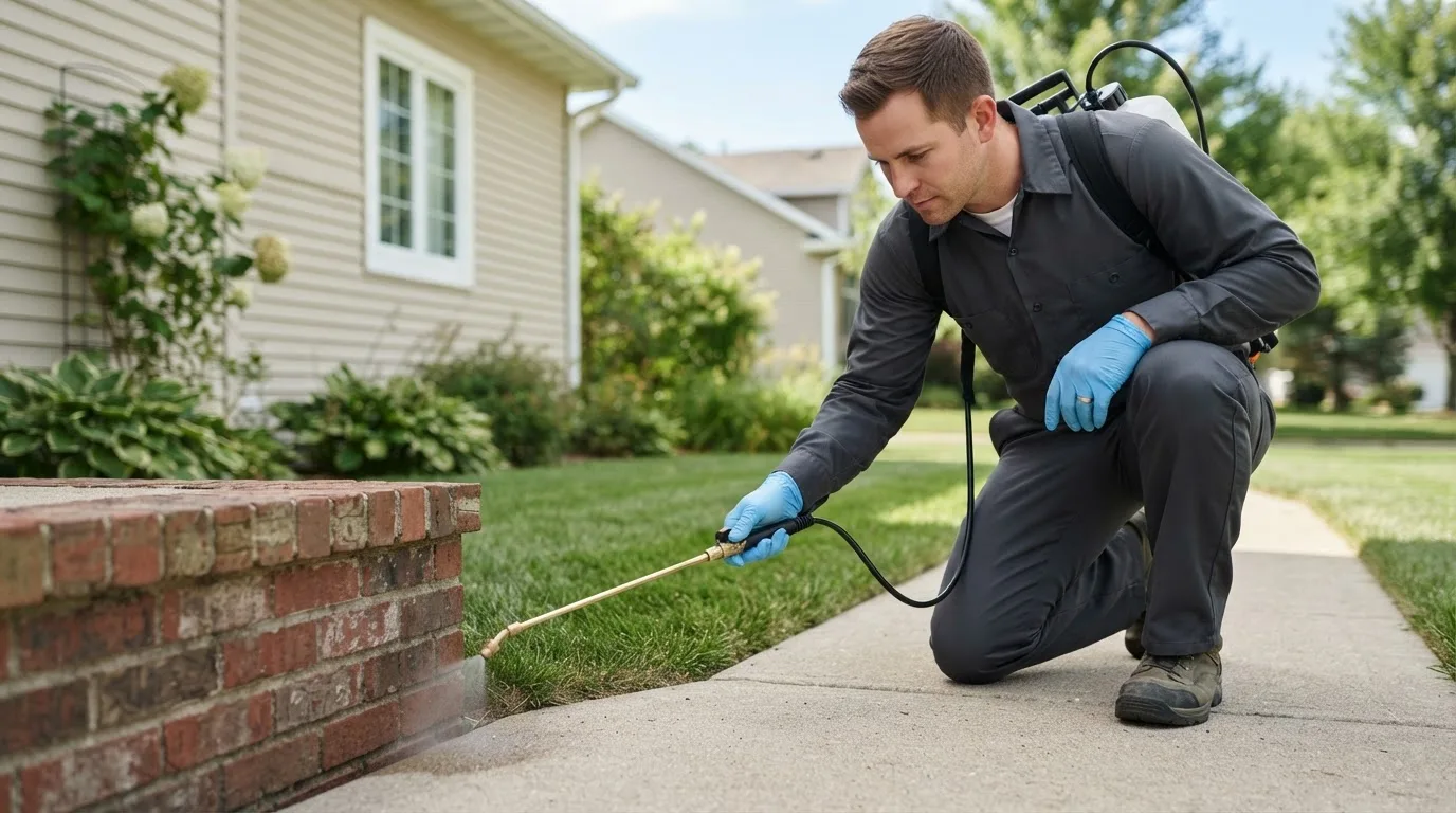 Pest control technician treating a home near Tillatoba, MS